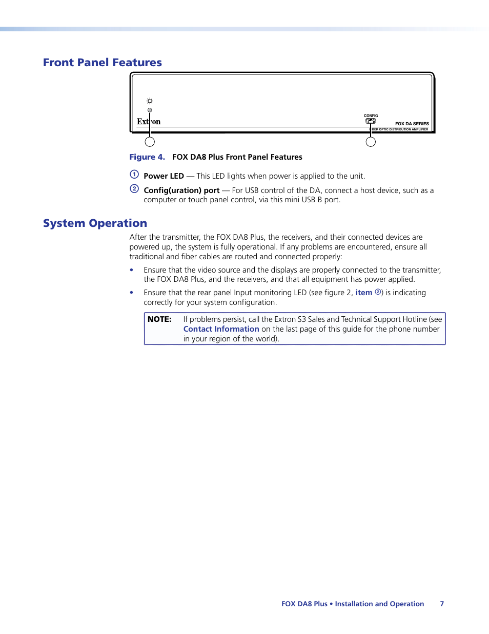 Front panel features, System operation, Front panel features system operation | Extron Electronics FOX DA8 Plus User Guide User Manual | Page 13 / 29