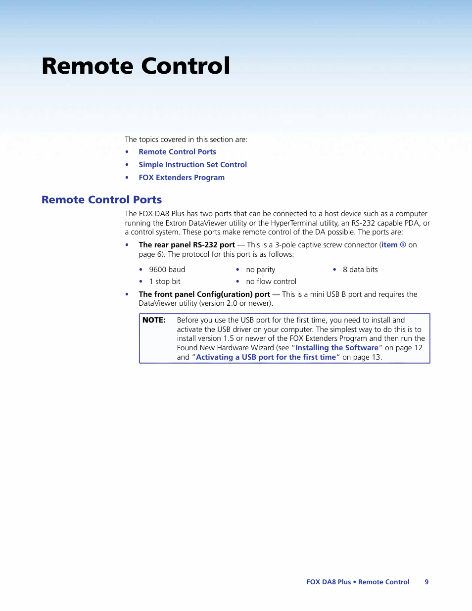 Remote control, Remote control ports | Extron Electronics FOX DA8 Plus User Guide User Manual | Page 15 / 29