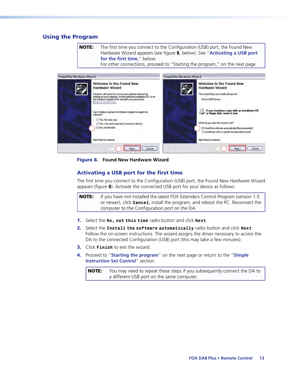 Using the program, Activating a usb port for the first time | Extron Electronics FOX DA8 Plus User Guide User Manual | Page 19 / 29