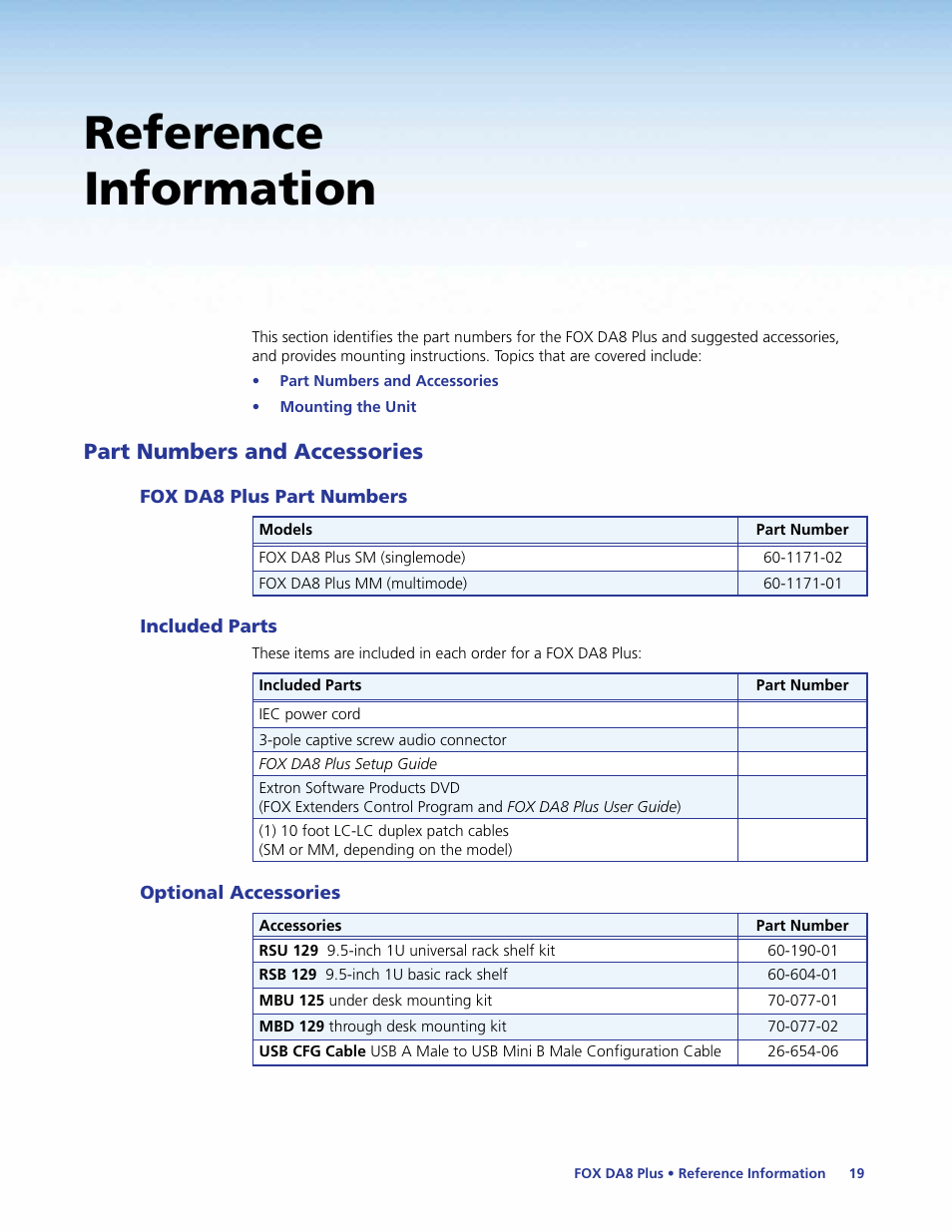 Reference information, Part numbers and accessories, Fox da8 plus part numbers | Included parts, Optional accessories | Extron Electronics FOX DA8 Plus User Guide User Manual | Page 25 / 29