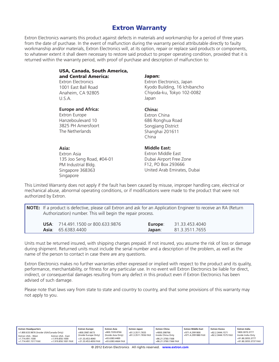 Extron warranty, Contact information extron warranty | Extron Electronics FOX DA8 Plus User Guide User Manual | Page 29 / 29