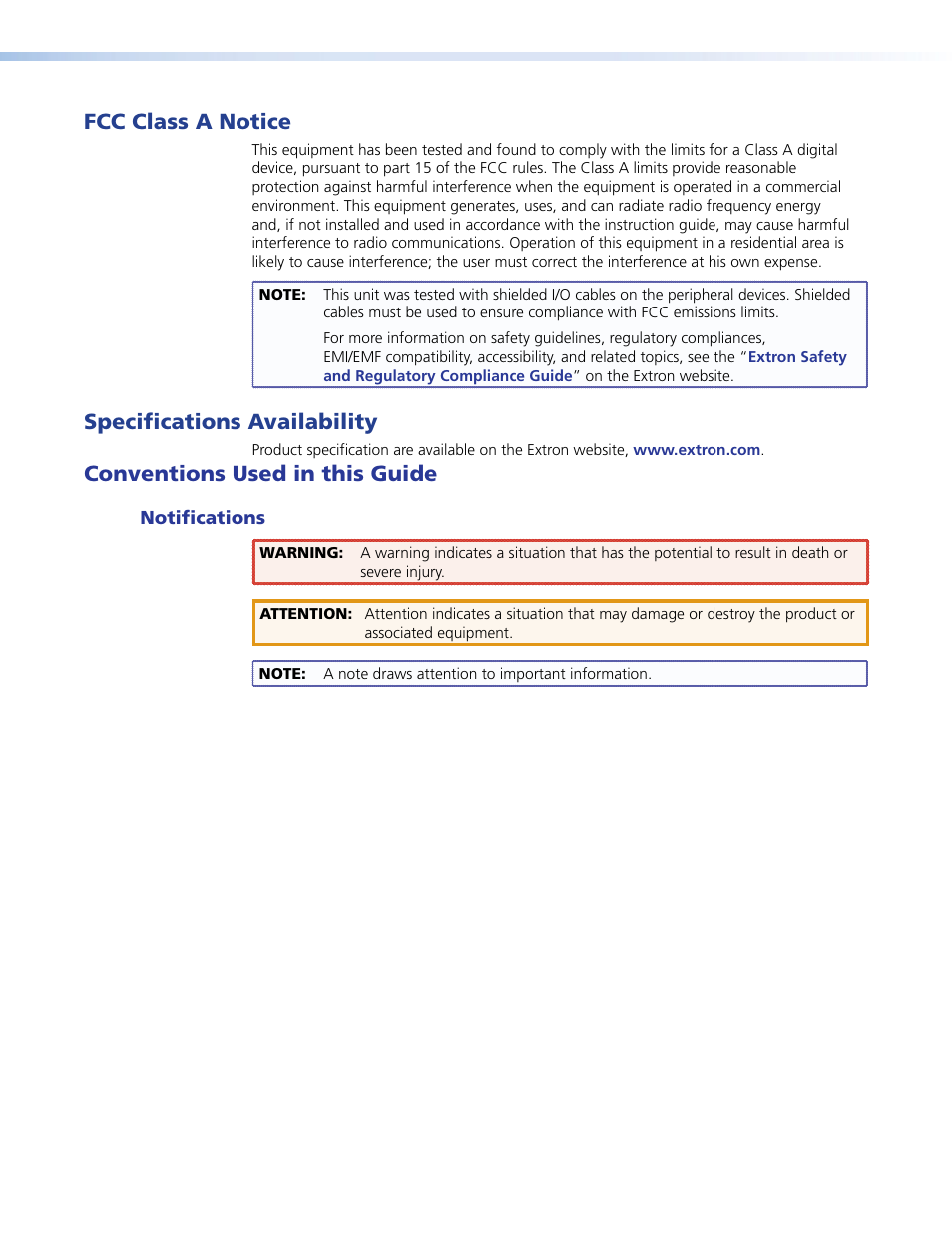 Fcc class a, Fcc class a notice, Specifications availability | Conventions used in this guide | Extron Electronics FOX DA8 Plus User Guide User Manual | Page 3 / 29