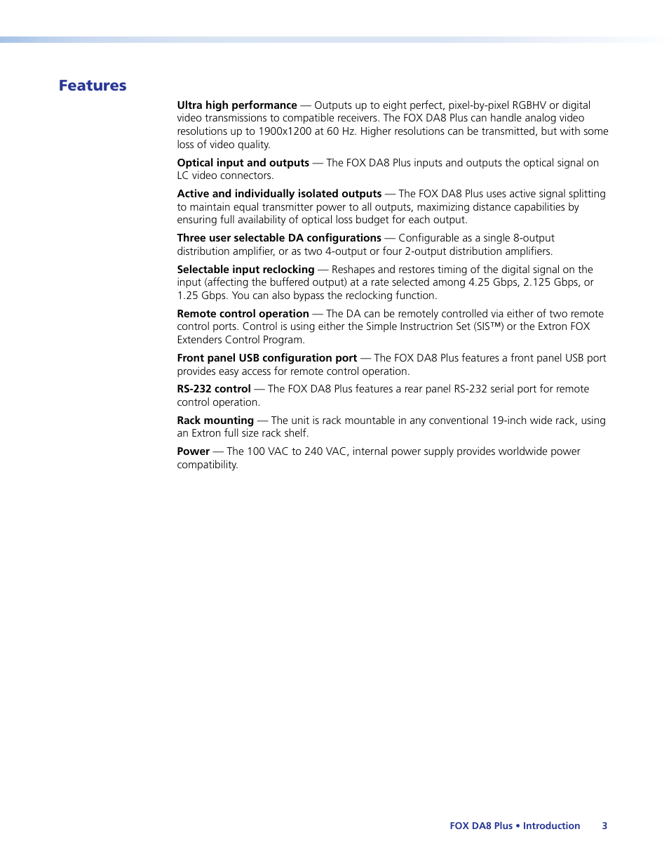 Features | Extron Electronics FOX DA8 Plus User Guide User Manual | Page 9 / 29