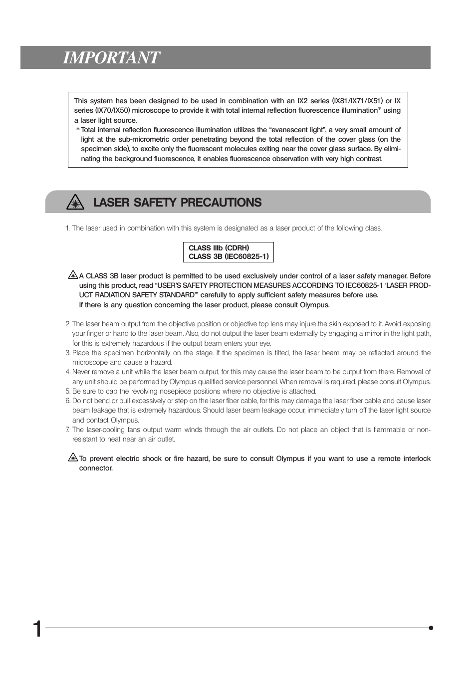Important, Laser safety precautions | Olympus IX2 RFAEVA2 User Manual | Page 4 / 24
