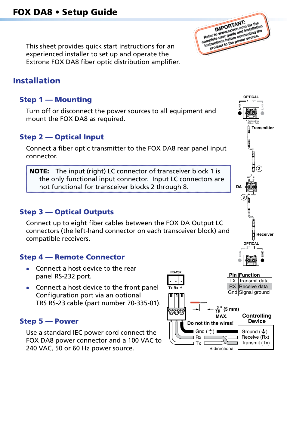 Extron Electronics FOX DA8 Setup Guide User Manual | 2 pages