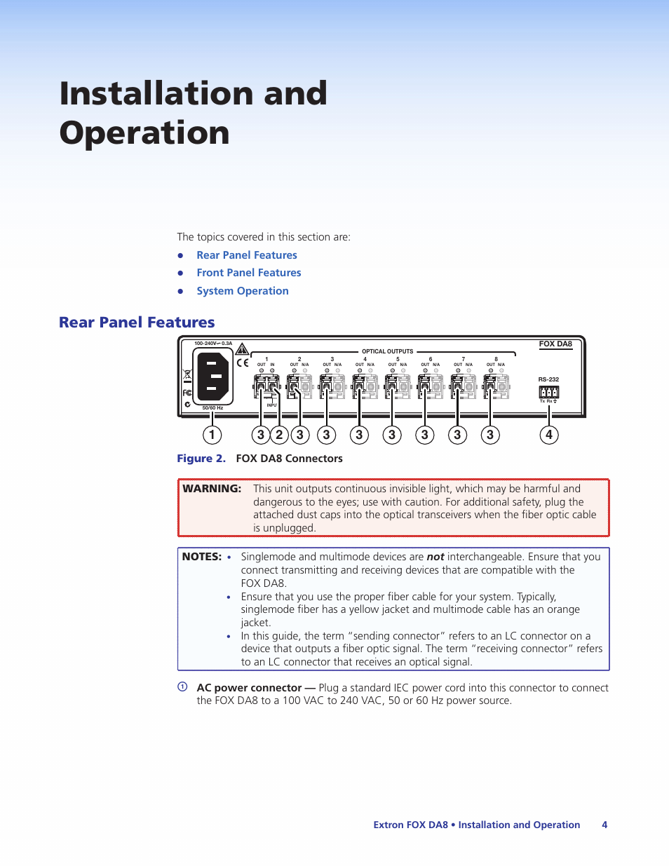 Installation and operation, Rear panel features | Extron Electronics FOX DA8 User Guide User Manual | Page 10 / 25