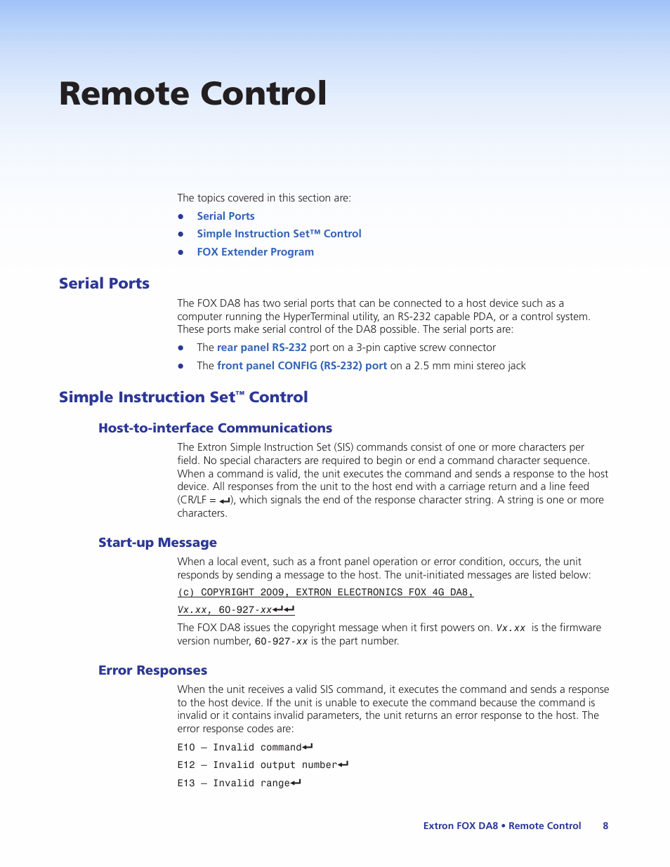Remote control, Serial ports, Simple instruction set™ control | Host-to-interface communications, Start-up message, Error responses, Serial ports simple instruction set, Control, Simple instruction set | Extron Electronics FOX DA8 User Guide User Manual | Page 14 / 25
