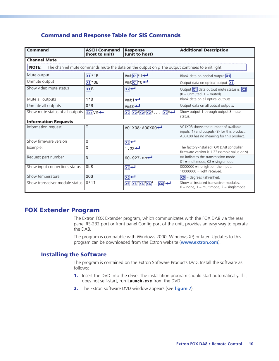 Command and response table for sis commands, Fox extender program, Installing the software | Command and response table for, Sis commands, Command and response table | Extron Electronics FOX DA8 User Guide User Manual | Page 16 / 25