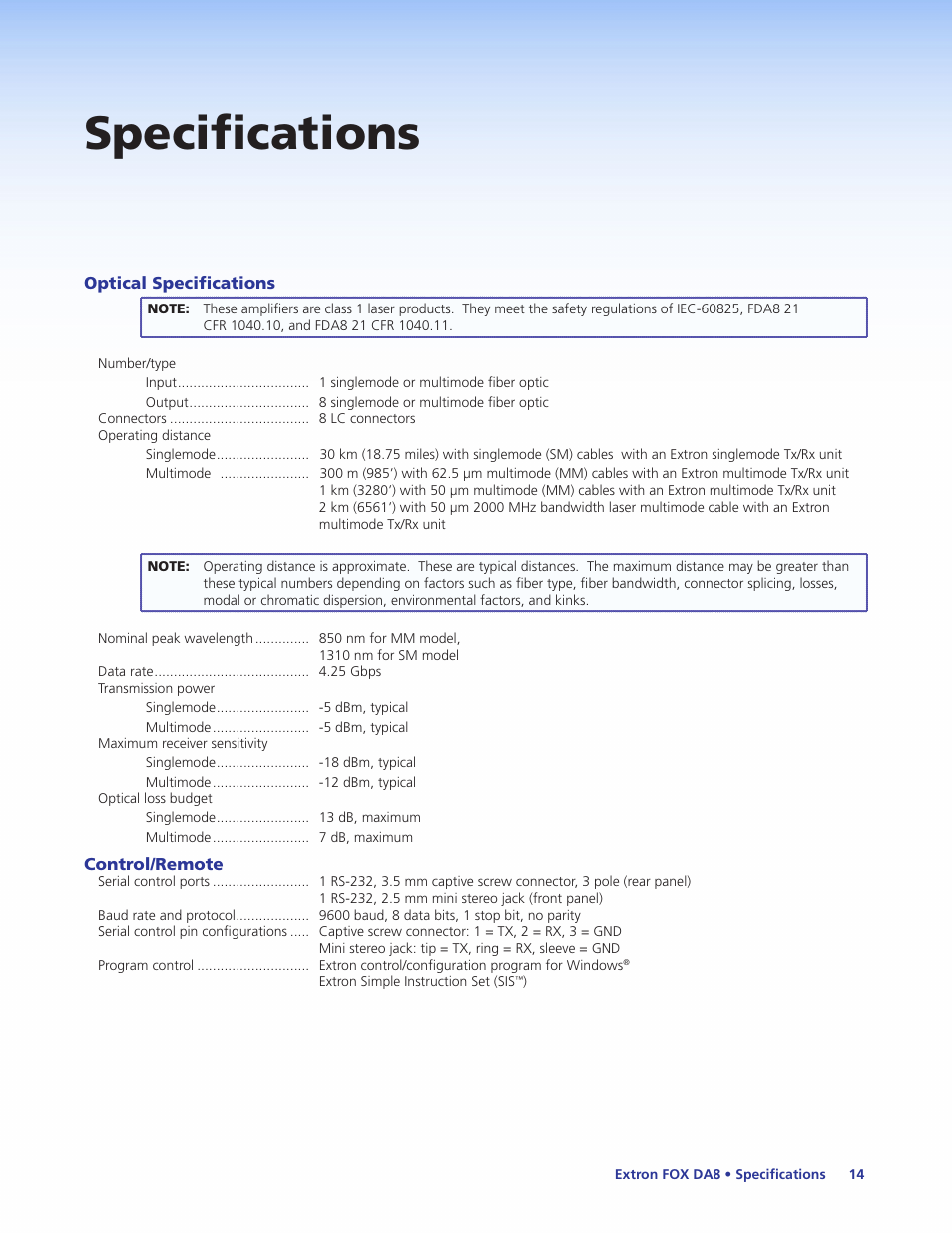 Specifications | Extron Electronics FOX DA8 User Guide User Manual | Page 20 / 25