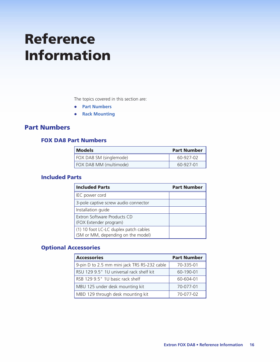 Reference information, Part numbers, Fox da8 part numbers | Included parts, Optional accessories | Extron Electronics FOX DA8 User Guide User Manual | Page 22 / 25