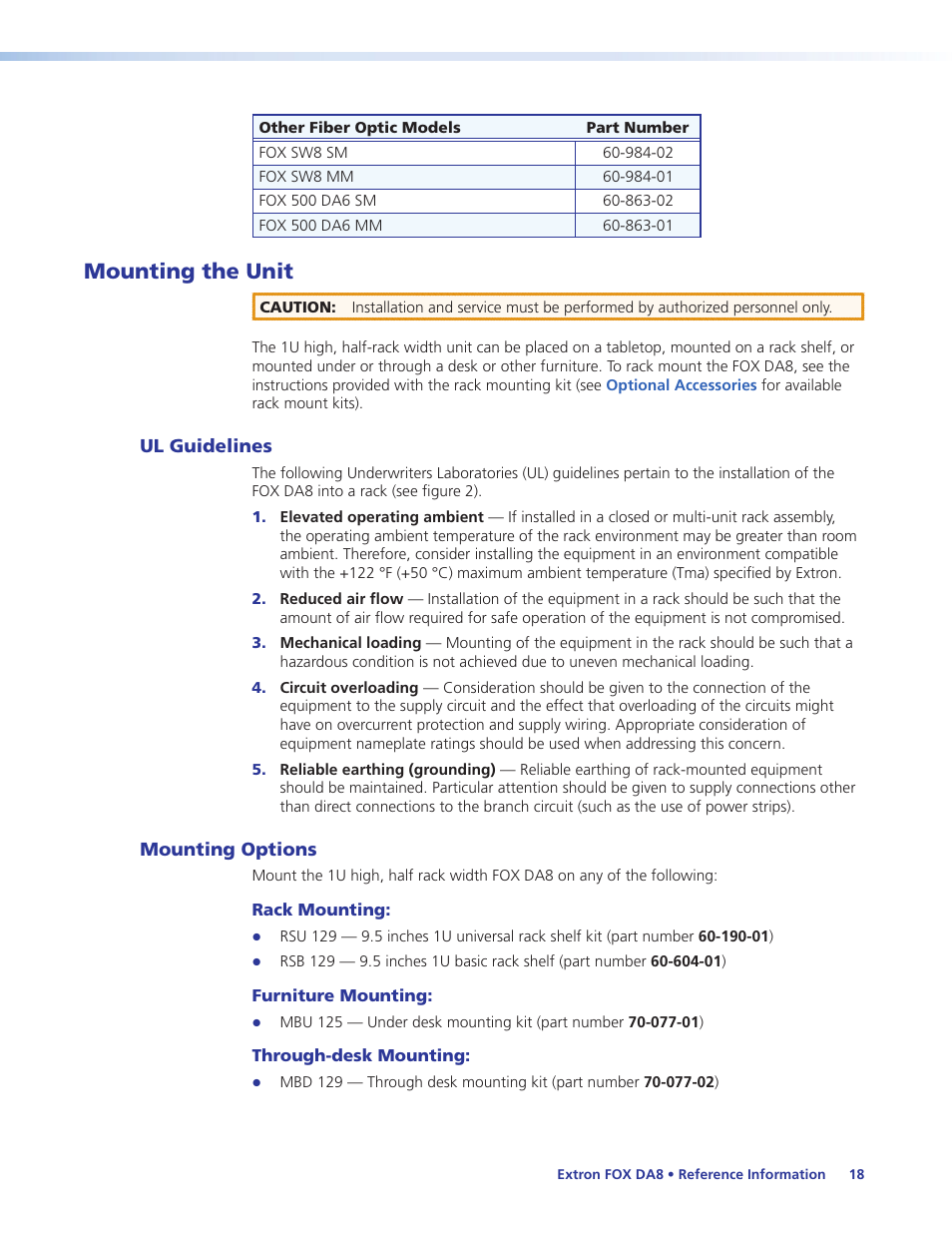 Mounting the unit, Ul guidelines, Mounting options | Ul guidelines mounting options | Extron Electronics FOX DA8 User Guide User Manual | Page 24 / 25