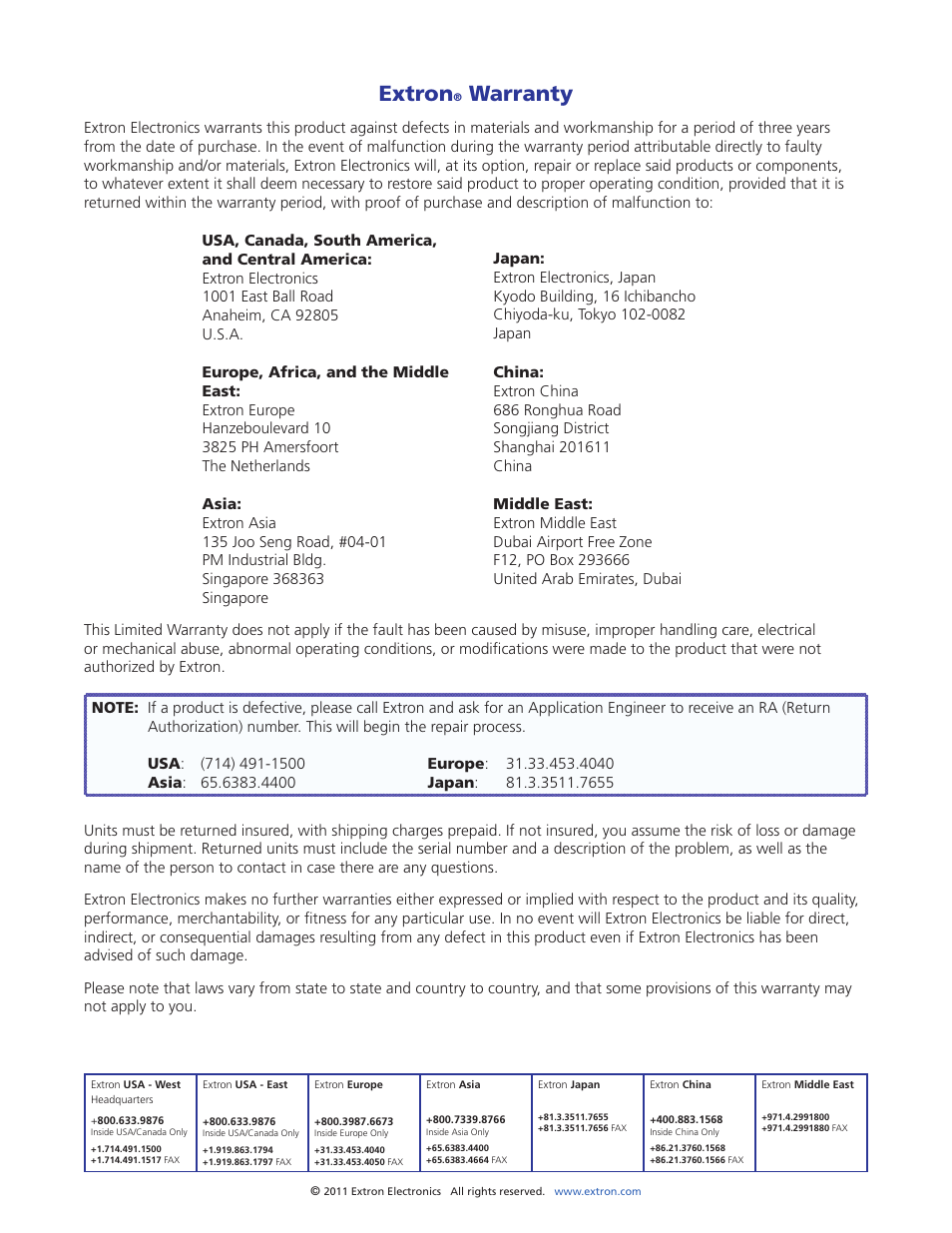 Extron® warranty, Contact information, Extron | Warranty | Extron Electronics FOX DA8 User Guide User Manual | Page 25 / 25