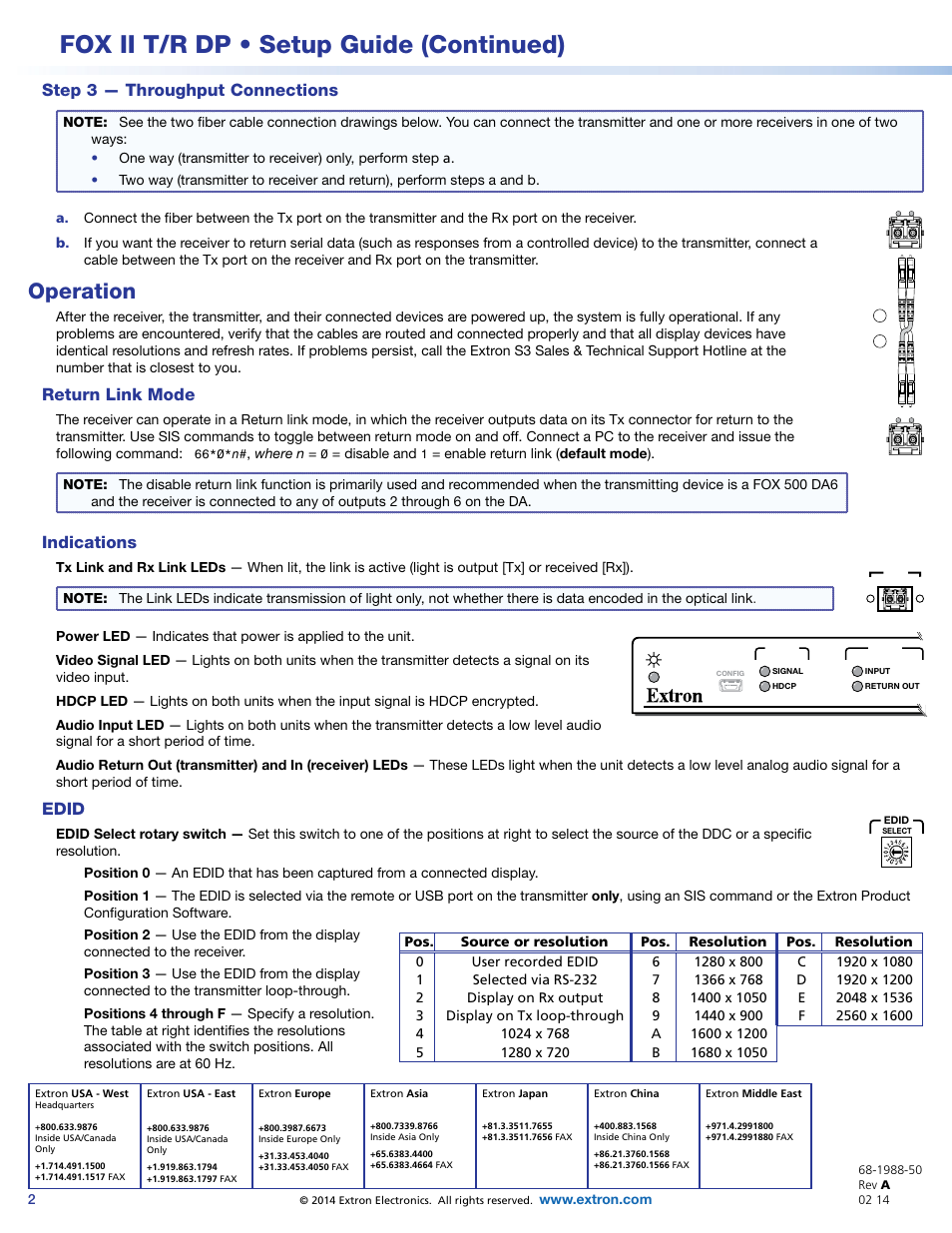 Step 3 — throughput connections, Operation, Return link mode | Indications, Edid, Rx cable in, Step 3b, And leave the r, Return link, Mode | Extron Electronics FOX II T_R DP Setup Guide User Manual | Page 2 / 2