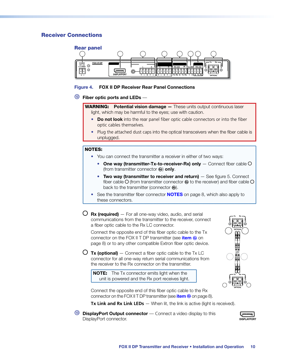 Receiver connections, Eceiver (see, Item | On figur, Rear panel, Back to the transmitter (connector, Displayport connector | Extron Electronics FOX II T_R DP User Guide User Manual | Page 16 / 48