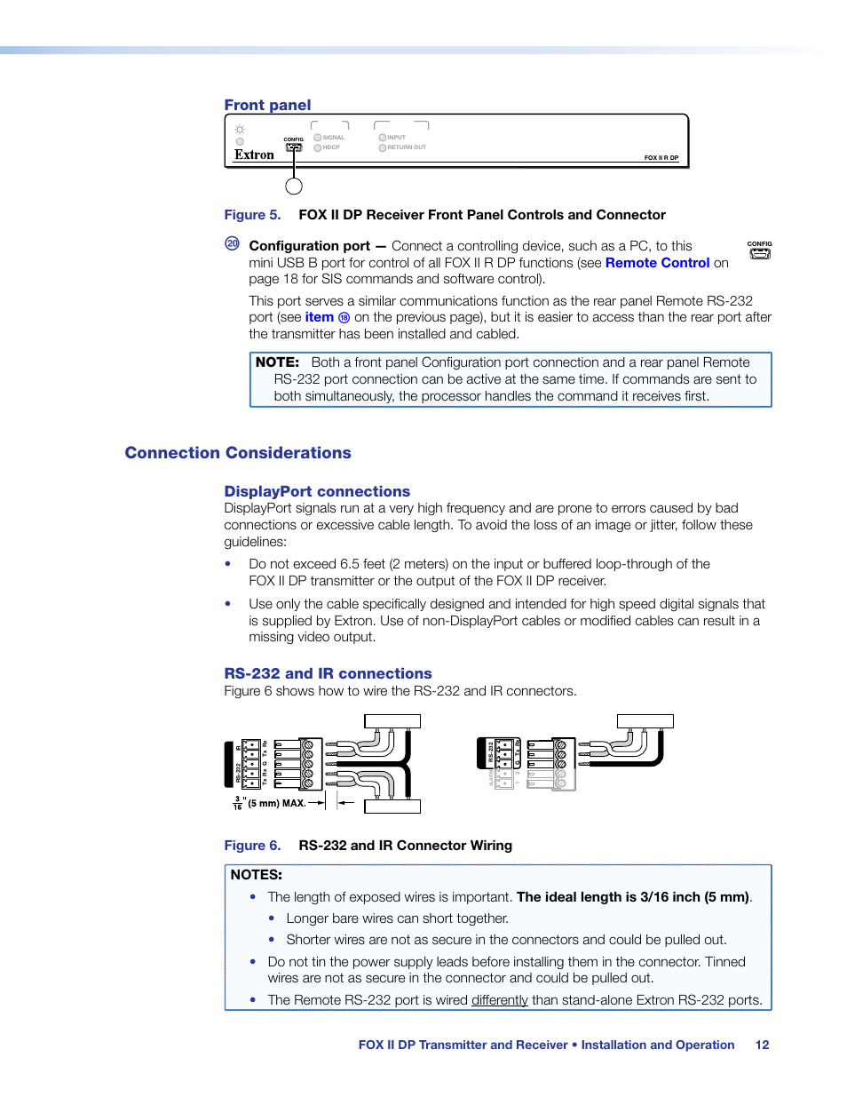 Connection considerations, Rs-232 and ir connections, Ew connector (see | Front panel, Displayport connections | Extron Electronics FOX II T_R DP User Guide User Manual | Page 18 / 48