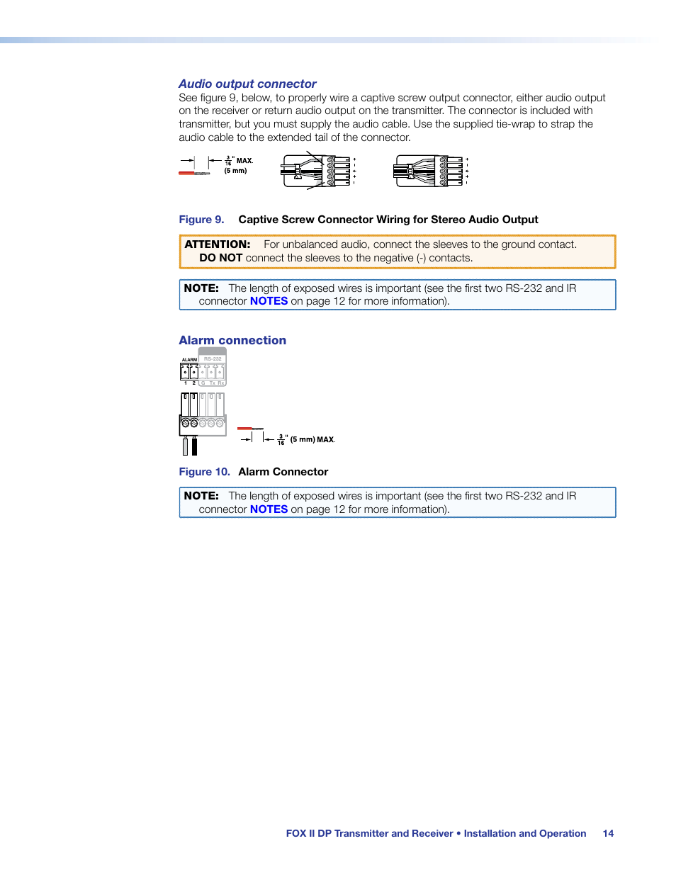 Alarm connection, Audio output connector | Extron Electronics FOX II T_R DP User Guide User Manual | Page 20 / 48