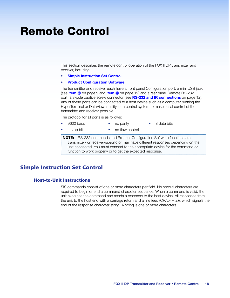 Remote control, Simple instruction set control, Host-to-unit instructions | E this connector). see, E (see | Extron Electronics FOX II T_R DP User Guide User Manual | Page 24 / 48