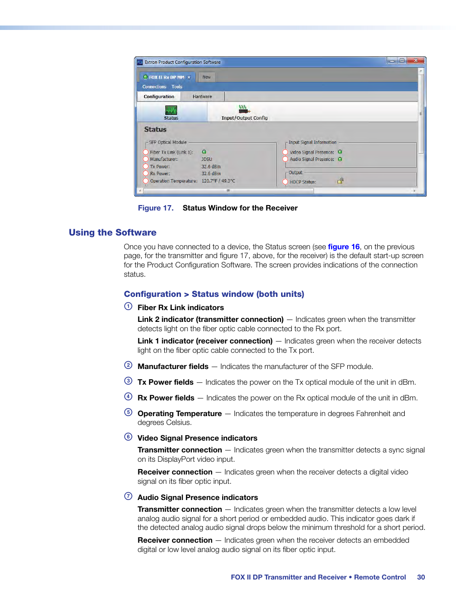 Using the software, The transmitter and, Figure 17 | E 16 for the transmitter and | Extron Electronics FOX II T_R DP User Guide User Manual | Page 36 / 48