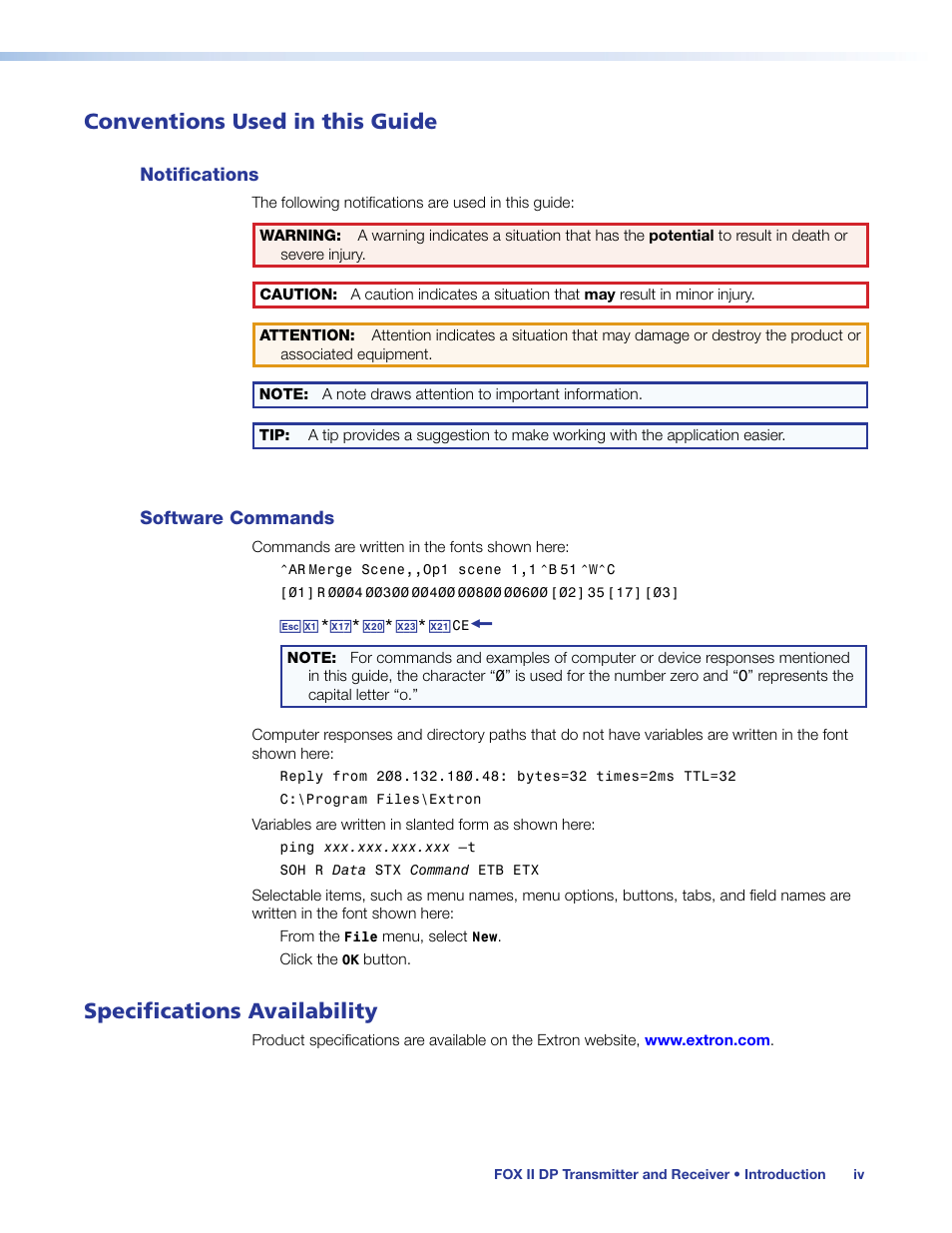 Conventions used in this guide, Specifications availability | Extron Electronics FOX II T_R DP User Guide User Manual | Page 4 / 48