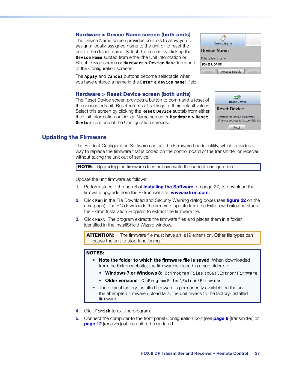 Updating the firmware | Extron Electronics FOX II T_R DP User Guide User Manual | Page 43 / 48