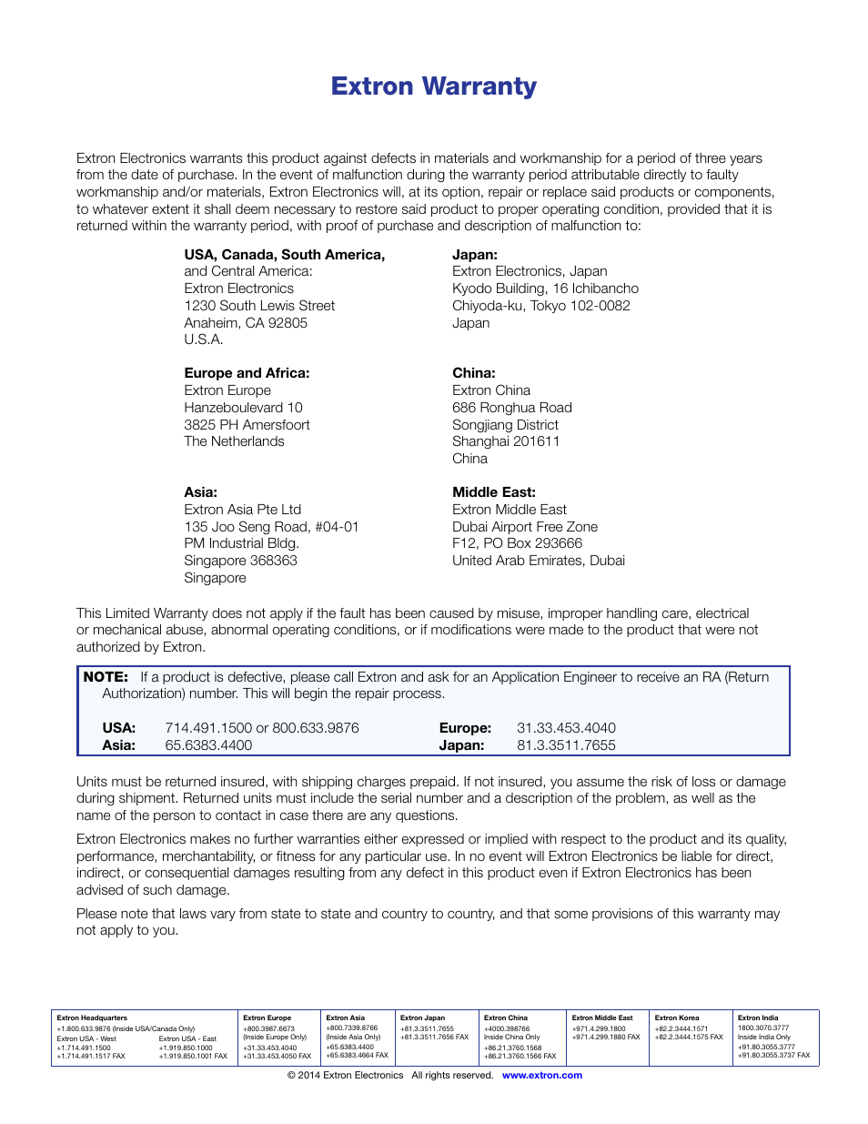 Of this guide for the extr, Extron warranty | Extron Electronics FOX II T_R DP User Guide User Manual | Page 48 / 48