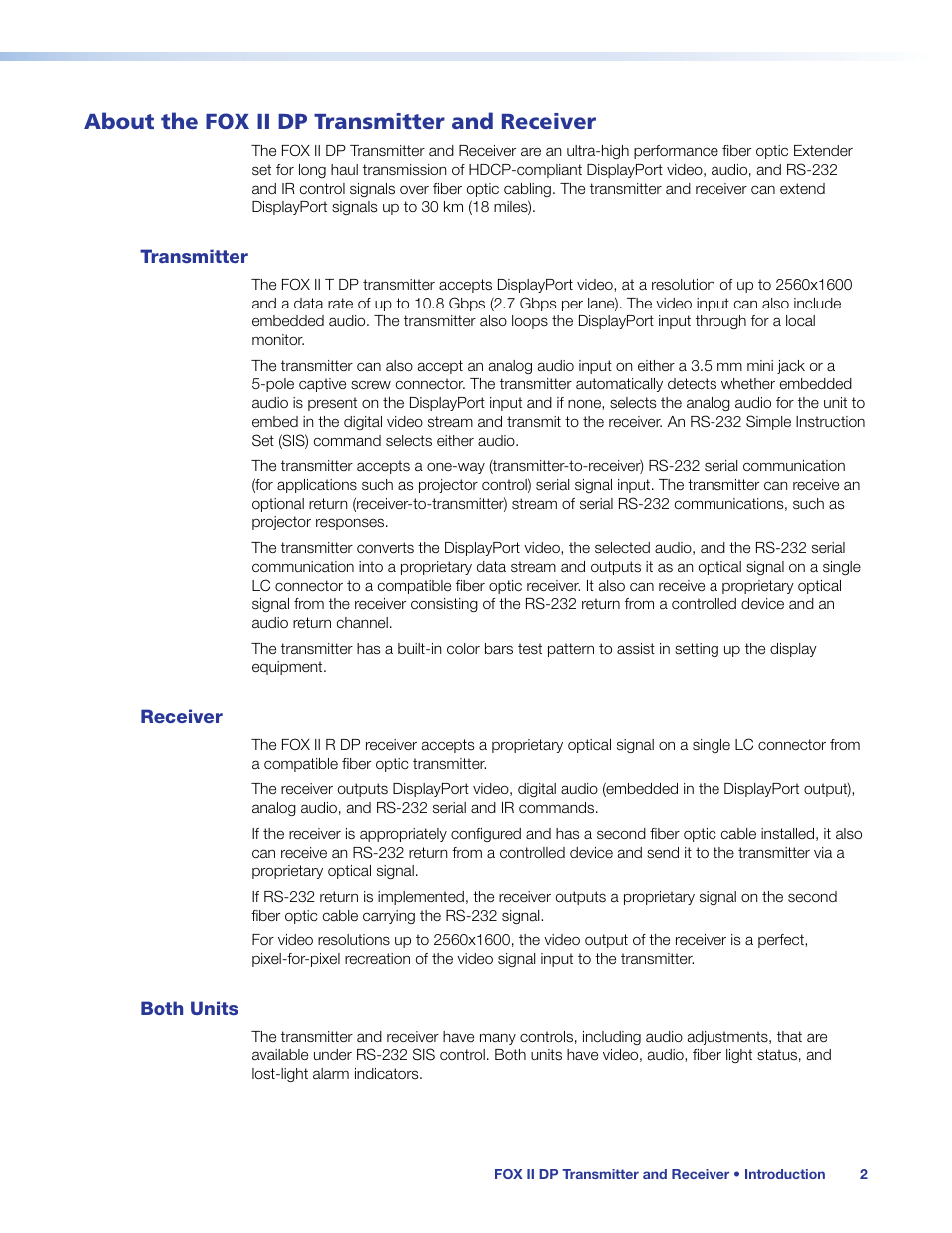 About the fox ii dp transmitter and receiver, Transmitter, Receiver | Both units, Transmitter receiver both units | Extron Electronics FOX II T_R DP User Guide User Manual | Page 8 / 48