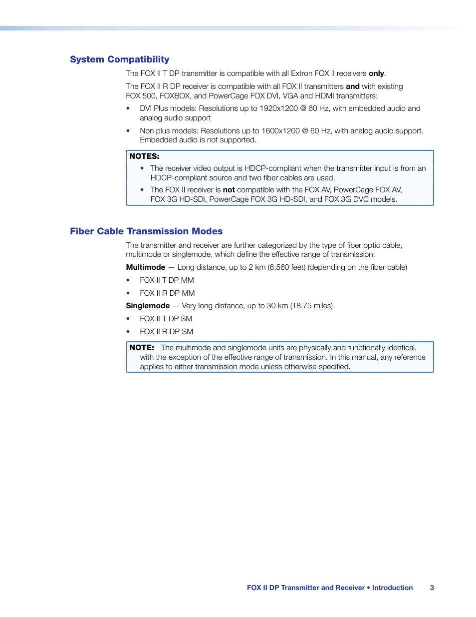 System compatibility, Fiber cable transmission modes, Features | Extron Electronics FOX II T_R DP User Guide User Manual | Page 9 / 48