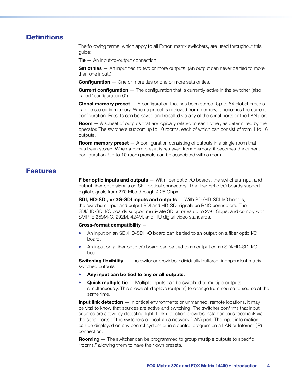 Definitions, Features, Definitions features | Extron Electronics FOX Matrix 14400 User Guide User Manual | Page 10 / 95