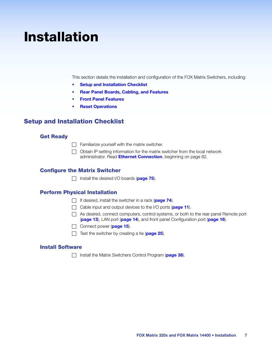 Installation, Setup and installation checklist, Get ready | Configure the matrix switcher, Perform physical installation, Install software | Extron Electronics FOX Matrix 14400 User Guide User Manual | Page 13 / 95