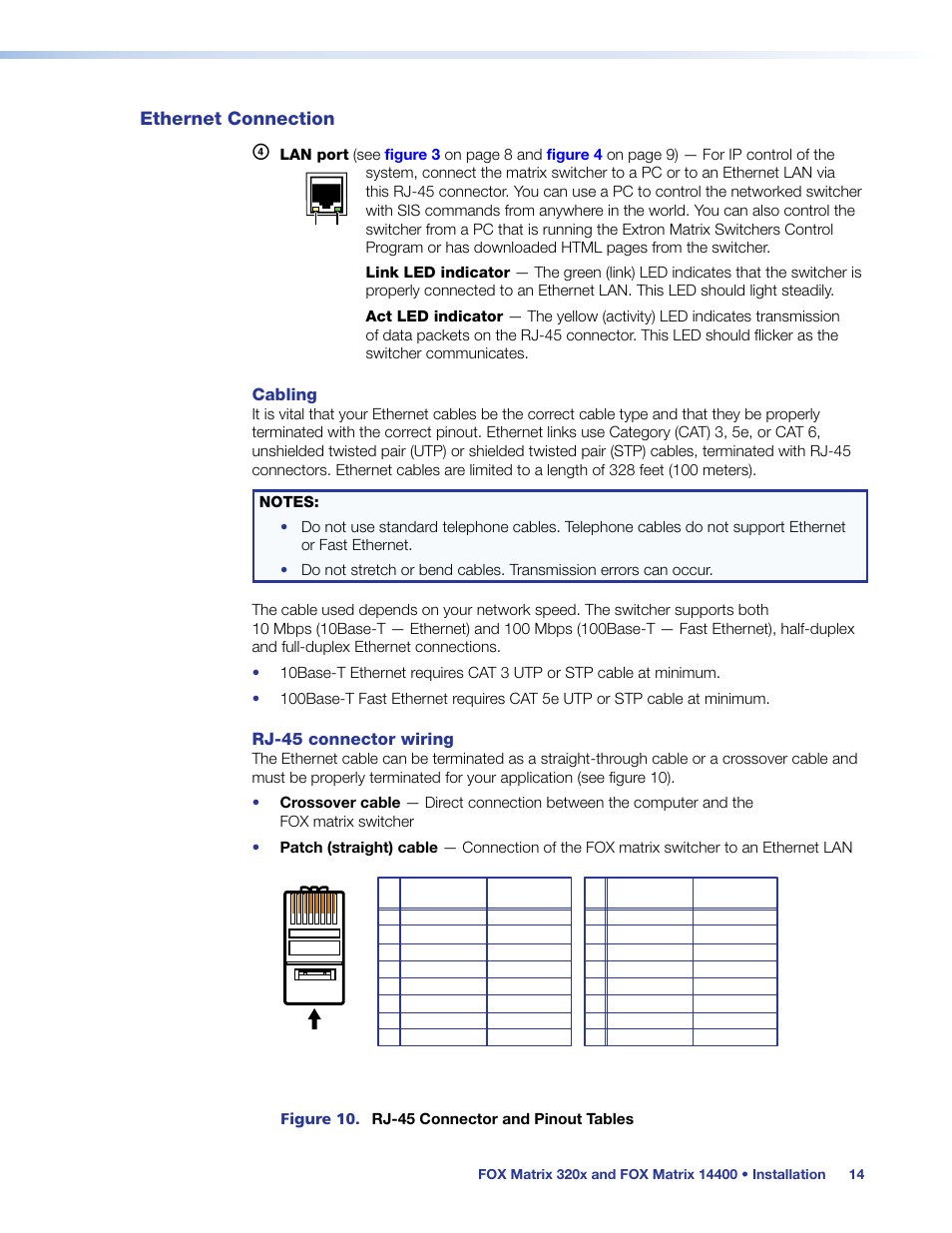 Ethernet connection, And fr, Cabling | Rj-45 connector wiring | Extron Electronics FOX Matrix 14400 User Guide User Manual | Page 20 / 95