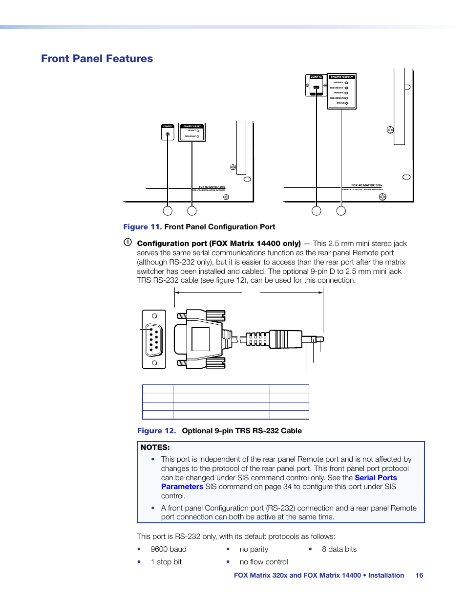 Front panel features, Ont panel configuration port | Extron Electronics FOX Matrix 14400 User Guide User Manual | Page 22 / 95