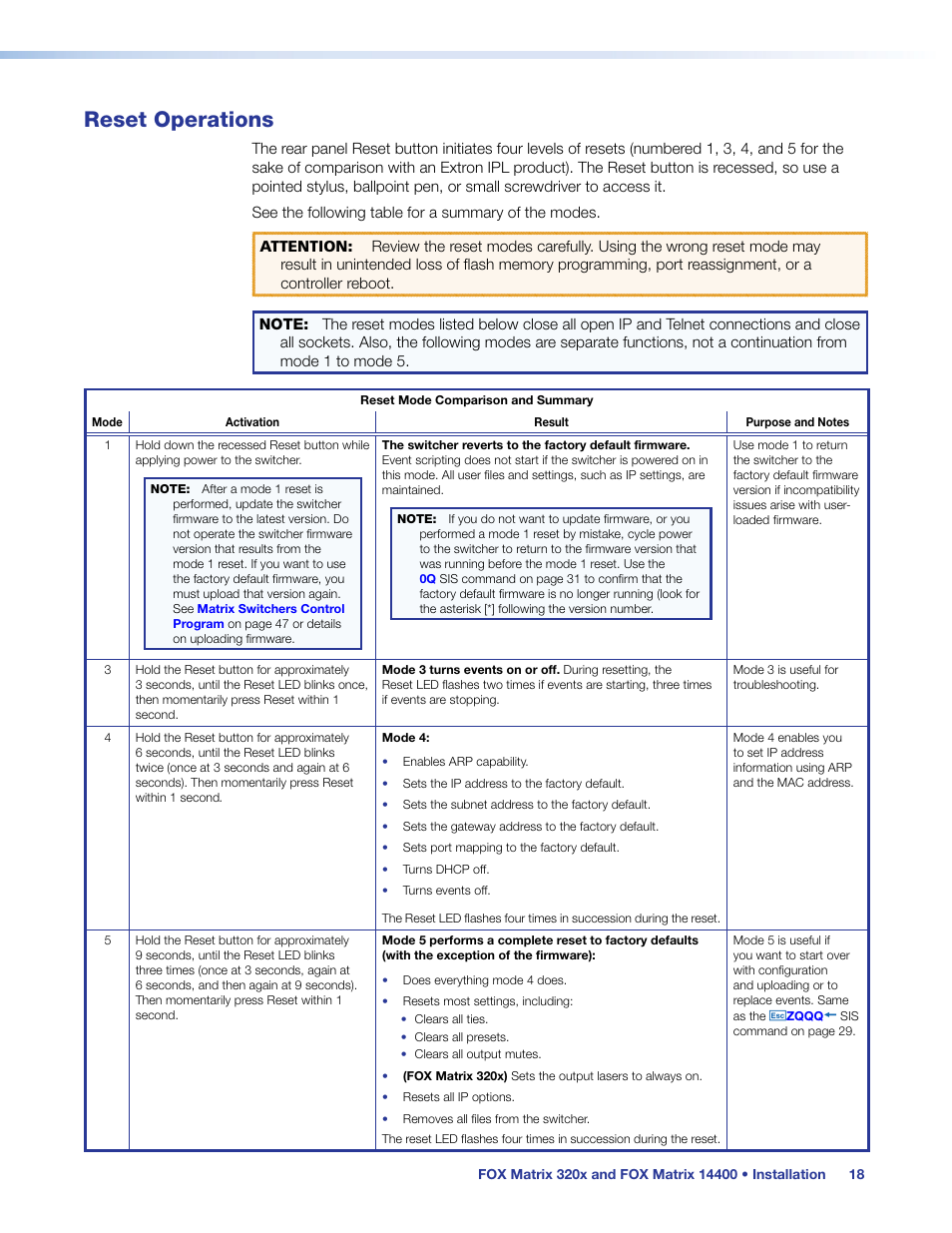 Reset operations | Extron Electronics FOX Matrix 14400 User Guide User Manual | Page 24 / 95