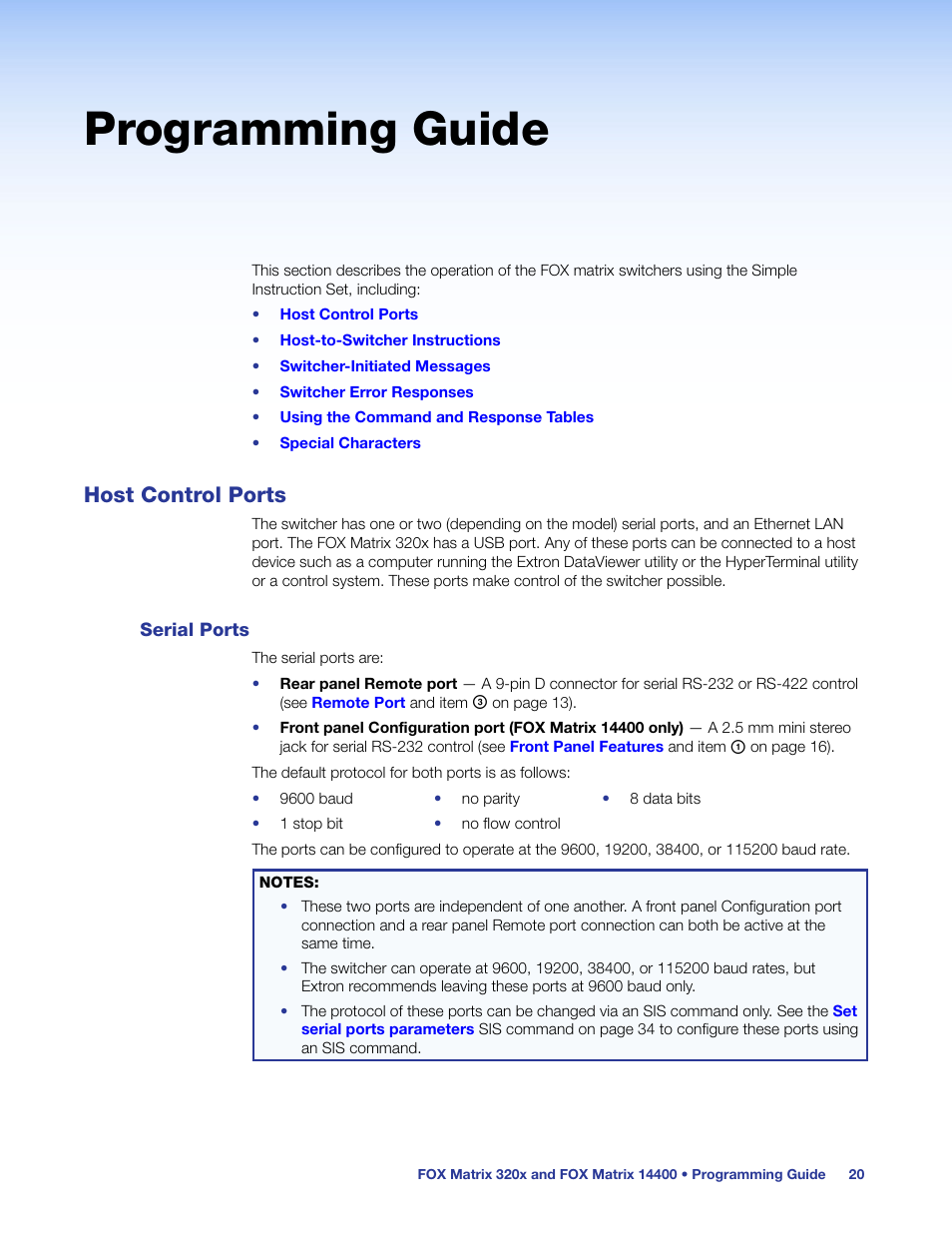 Programming guide, Host control ports, Serial ports | Extron Electronics FOX Matrix 14400 User Guide User Manual | Page 26 / 95