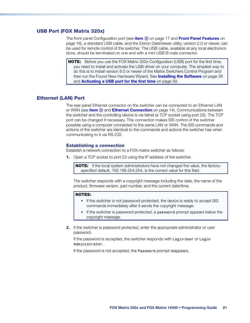 Usb port (fox matrix 320x), Ethernet (lan) port, Usb port (fox matrix 320x) ethernet (lan) port | Extron Electronics FOX Matrix 14400 User Guide User Manual | Page 27 / 95