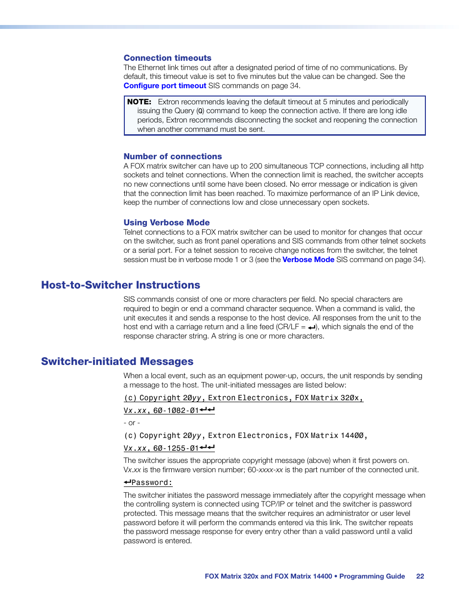 Host-to-switcher instructions, Switcher-initiated messages | Extron Electronics FOX Matrix 14400 User Guide User Manual | Page 28 / 95