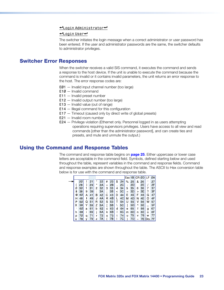 Switcher error responses, Using the command and response tables | Extron Electronics FOX Matrix 14400 User Guide User Manual | Page 29 / 95