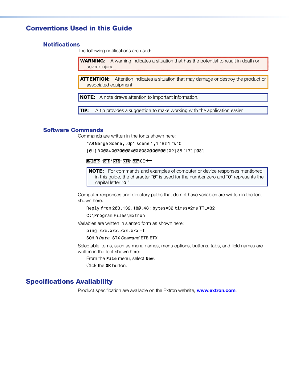 Conventions used in this guide, Specifications availability | Extron Electronics FOX Matrix 14400 User Guide User Manual | Page 4 / 95