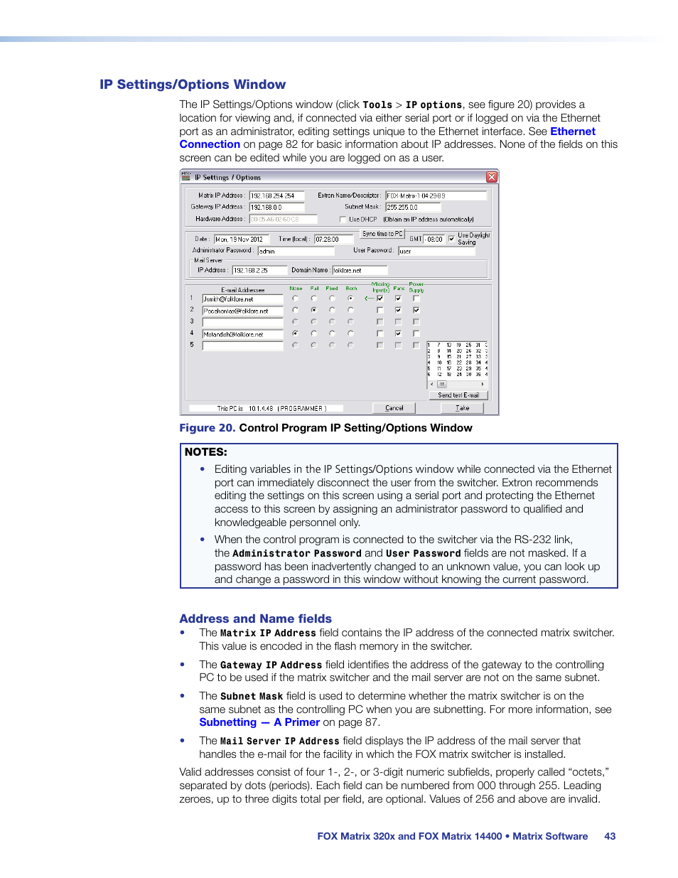 Ip settings/options window, The ip settings/options window (see, Figure | Ip settings, Options window | Extron Electronics FOX Matrix 14400 User Guide User Manual | Page 49 / 95