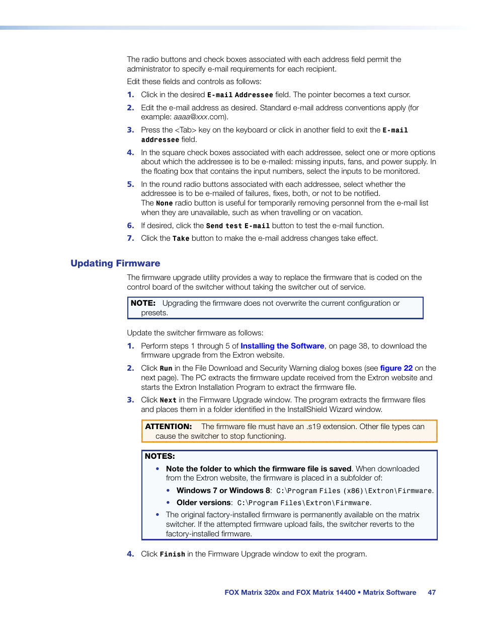 Updating firmware, Matrix switchers control, Program | Extron Electronics FOX Matrix 14400 User Guide User Manual | Page 53 / 95