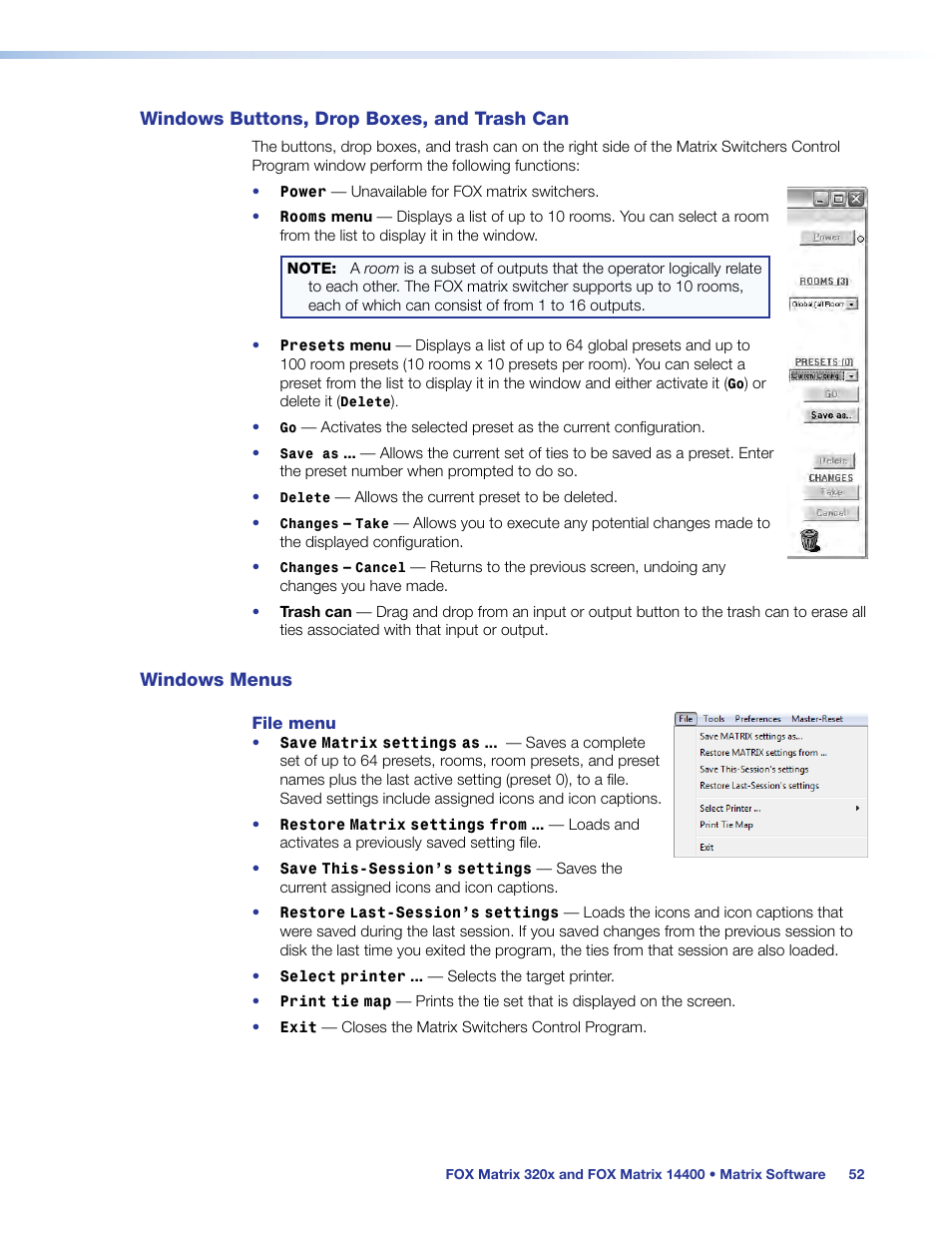 Windows buttons, drop boxes, and trash can, Windows menus, Windows buttons, drop boxes, and | Trash can | Extron Electronics FOX Matrix 14400 User Guide User Manual | Page 58 / 95