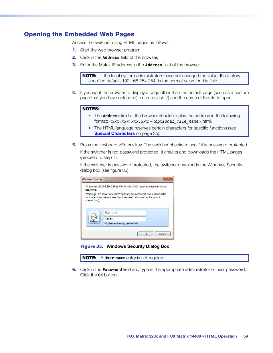 Opening the embedded web pages | Extron Electronics FOX Matrix 14400 User Guide User Manual | Page 65 / 95