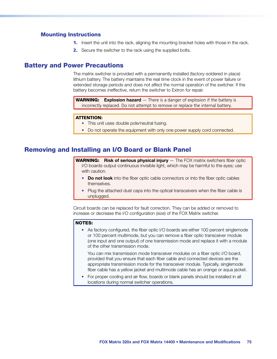 Mounting instructions, Battery and power precautions, Blank panel | Extron Electronics FOX Matrix 14400 User Guide User Manual | Page 81 / 95