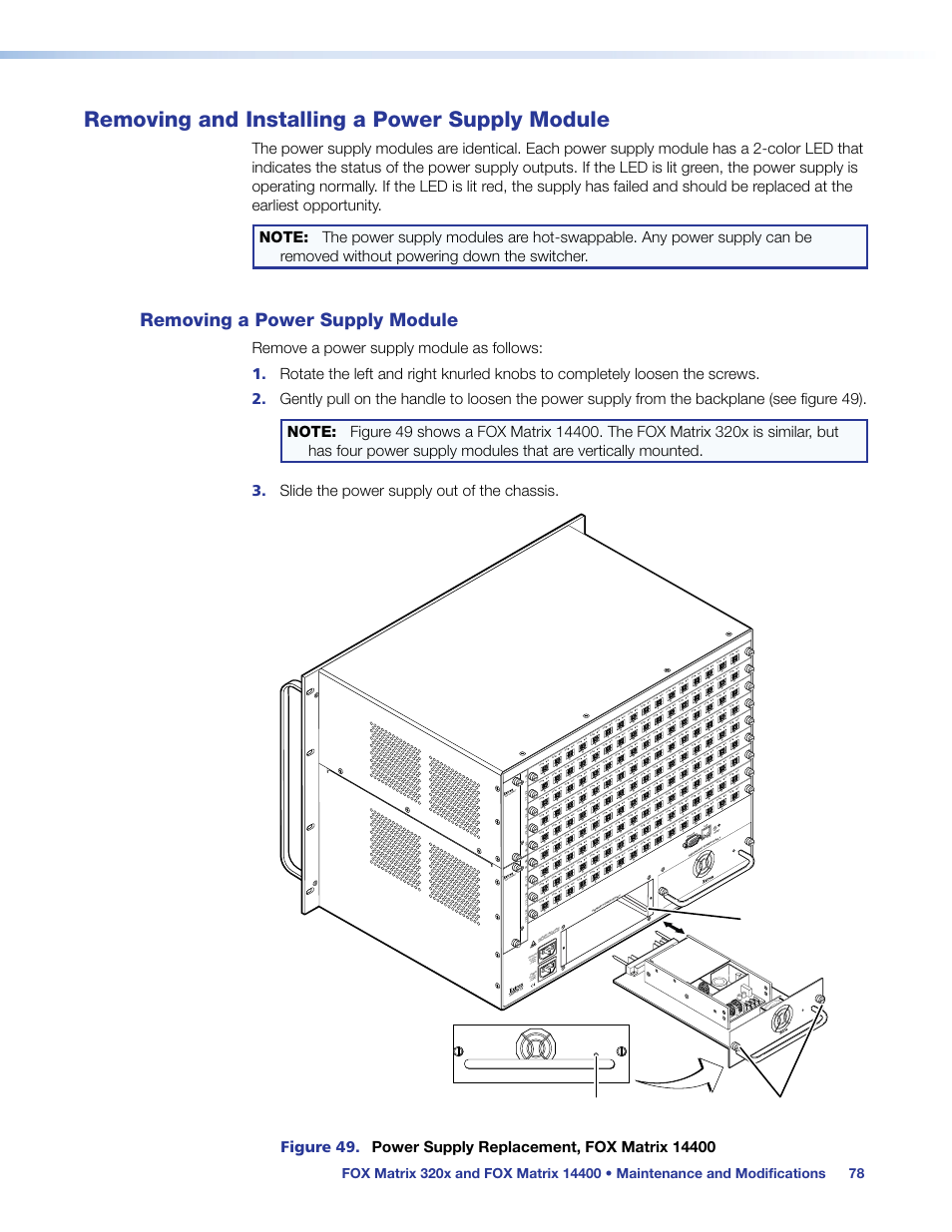 Removing and installing a power supply module, Removing a power supply module, Removing and installing a power supply | Module, Tolerances or has failed. see, Fan assimbl y fan ass imbl y | Extron Electronics FOX Matrix 14400 User Guide User Manual | Page 84 / 95