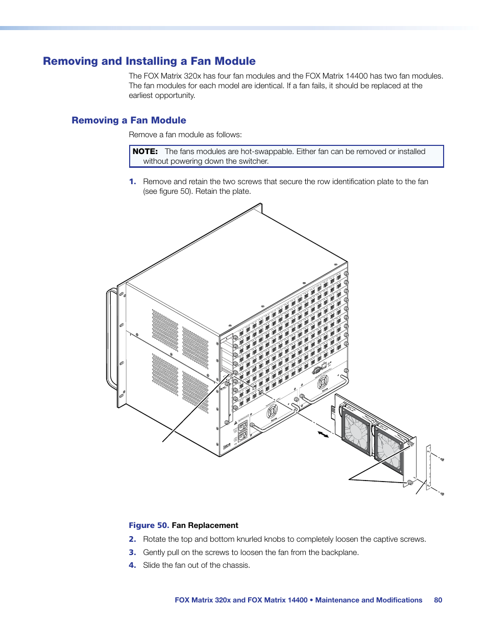 Removing and installing a fan module, Removing a fan module, Removing and | Installing a fan module, Fan assimbl y fan assimbl y | Extron Electronics FOX Matrix 14400 User Guide User Manual | Page 86 / 95