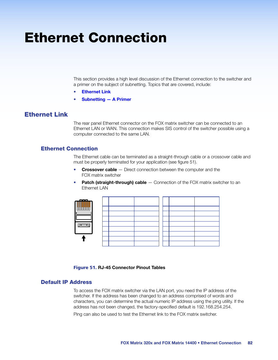 Ethernet connection, Ethernet link, Default ip address | Ethernet connection default ip address, Read, Net interface. see, Ethernet, Connection | Extron Electronics FOX Matrix 14400 User Guide User Manual | Page 88 / 95