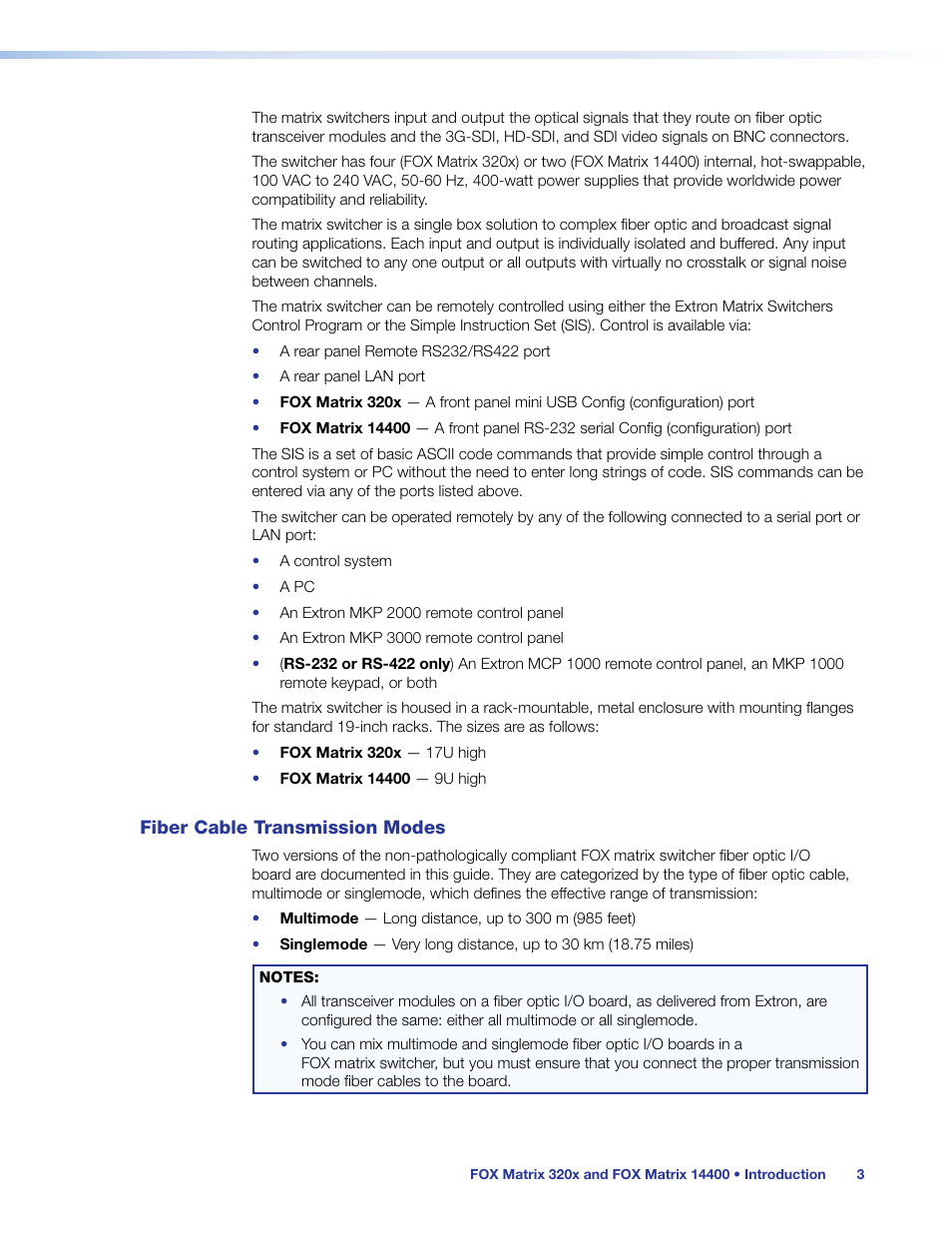 Fiber cable transmission modes | Extron Electronics FOX Matrix 14400 User Guide User Manual | Page 9 / 95