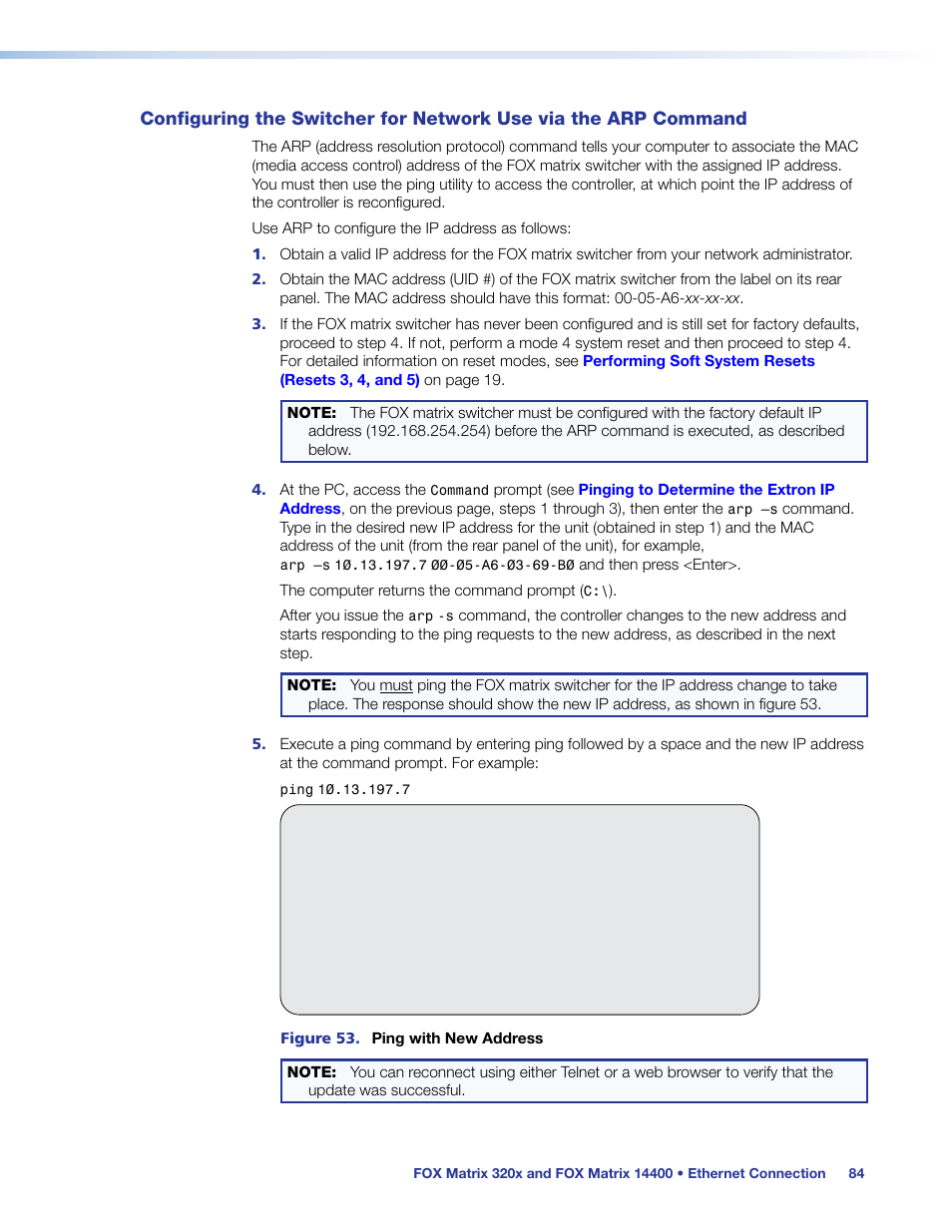 Configuring the switcher for network use, Via the arp command | Extron Electronics FOX Matrix 14400 User Guide User Manual | Page 90 / 95