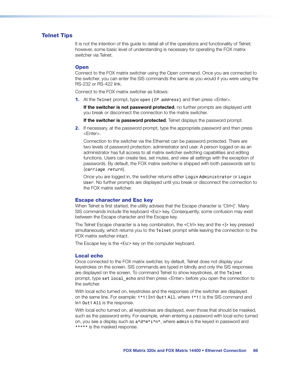 Telnet tips | Extron Electronics FOX Matrix 14400 User Guide User Manual | Page 92 / 95