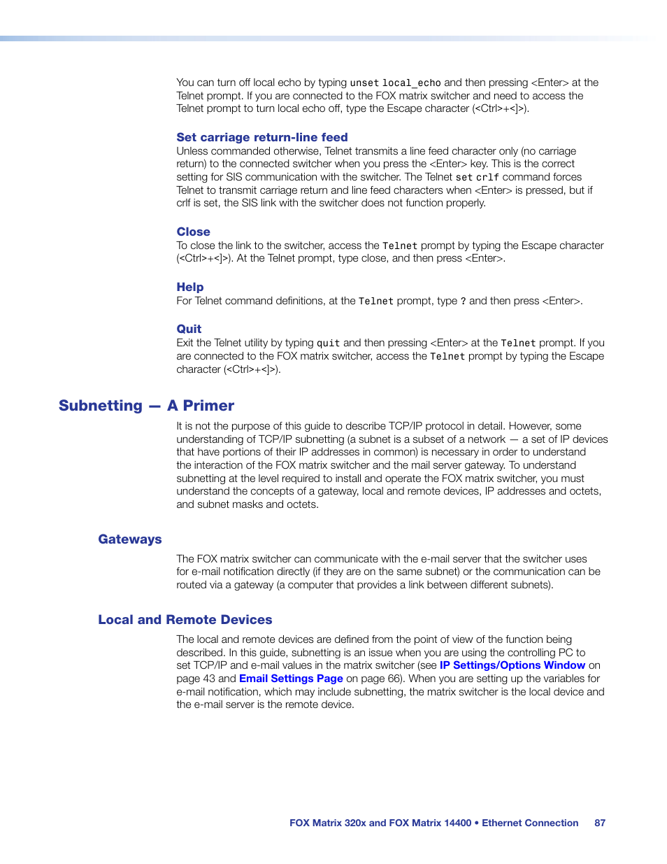 Subnetting — a primer, Gateways, Local and remote devices | Gateways local and remote devices | Extron Electronics FOX Matrix 14400 User Guide User Manual | Page 93 / 95