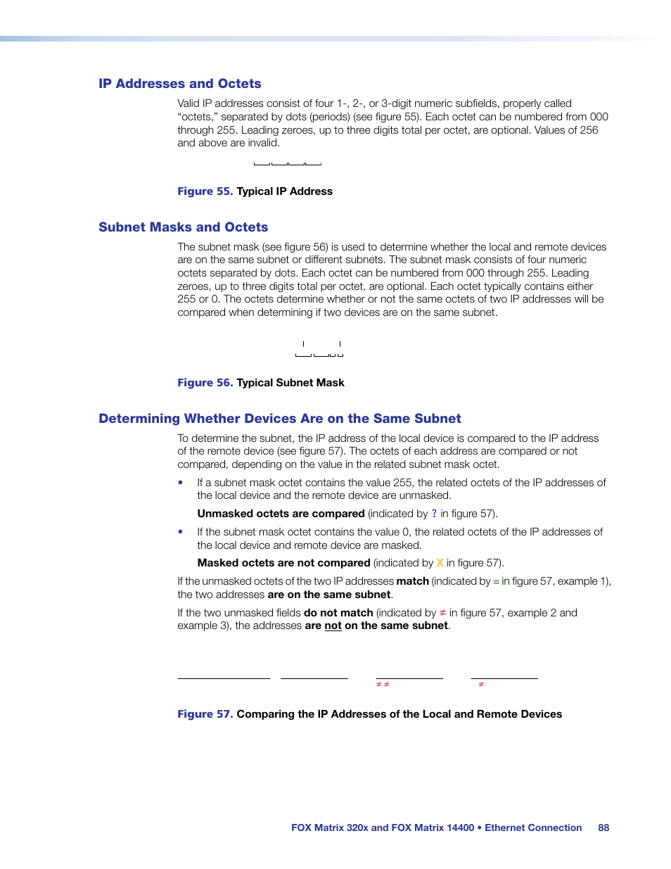 Ip addresses and octets, Subnet masks and octets, Determining whether devices are on the same subnet | The same subnet | Extron Electronics FOX Matrix 14400 User Guide User Manual | Page 94 / 95